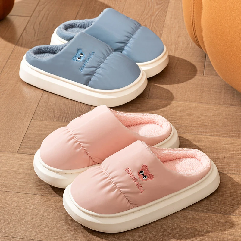 Autumn Winter Waterproof Home Cotton Slippers Women Anti Slip Soft Sole Plush Slides Woman Indoor Thick Sole Fluffy Slippers