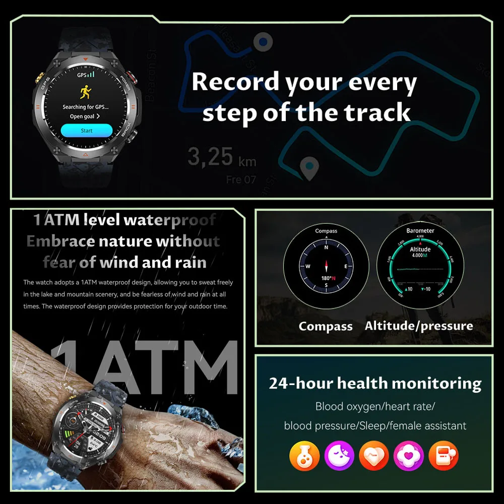Military Outdoor Smartwatch Men 1ATM Waterproof Compass GPS Altitude Pressure Monitoring Watch 650mAh Bluetooth Call Smart Watch