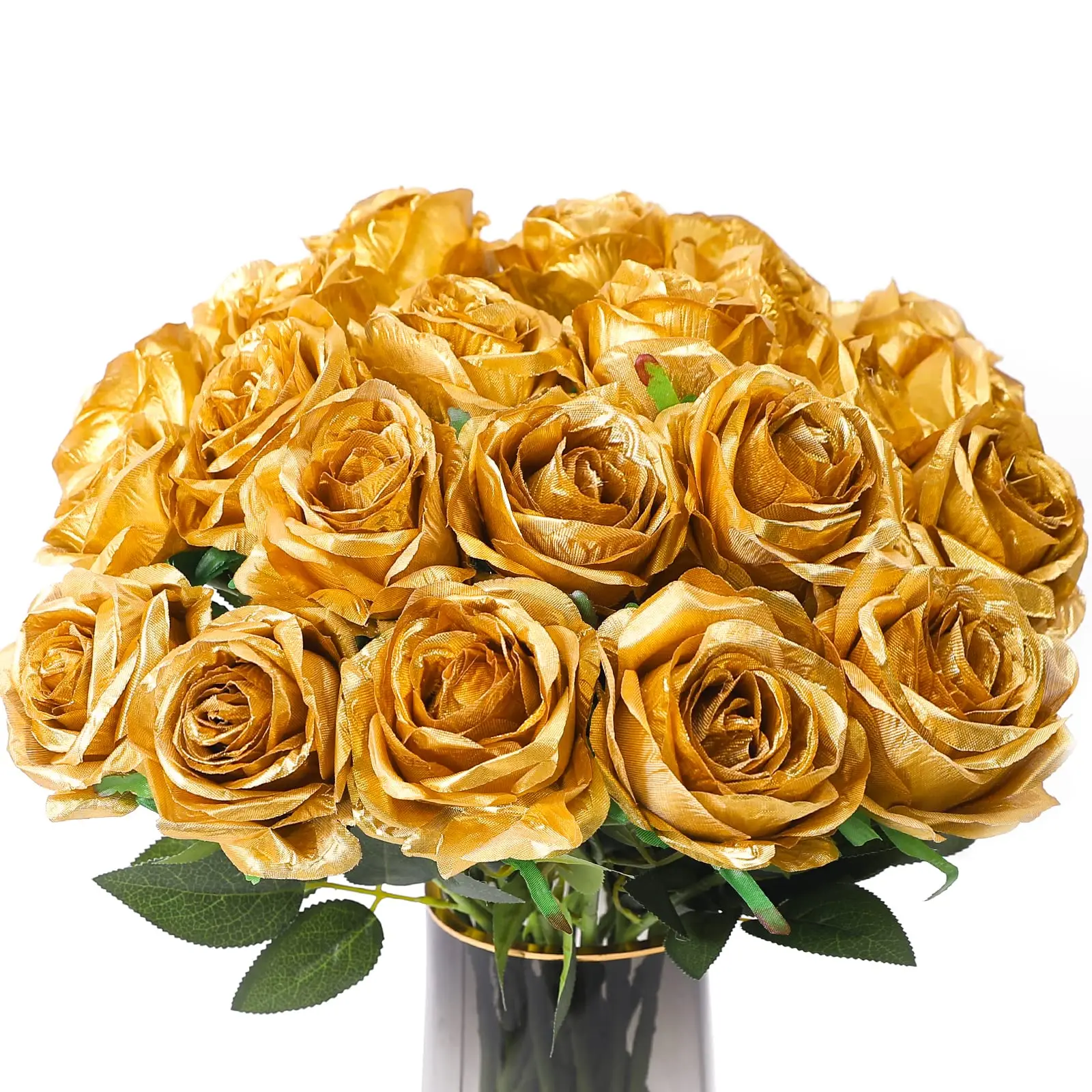 ArtificialGoldFlowersSilkRosesRealTouchBridalWeddingBouquet