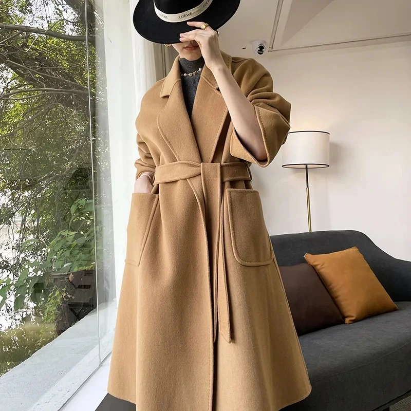 Autumn Mid-length Coat Women Black Water Ripple Cashmere Coat Female New Winter Casual Lace-up Loose Beige Coat Classic