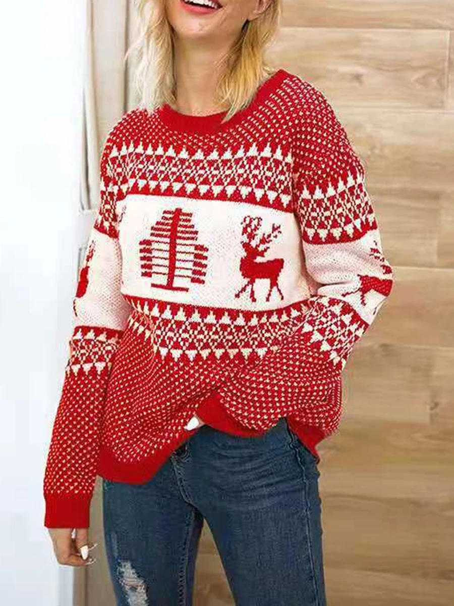 

Hot Christmas Women Sweater Santa Claus Xmas Printing Long Sleeve O-neck Christmas Knitting Pullover Sweater Top Jumper Knitwear