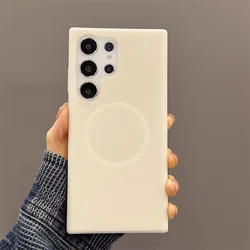 Soft Jelly Liquid Silicone Magnetic Phone Case with Wireless Charging Compatibility - Protective Back Cover - Galaxy S24 (Rice White)
