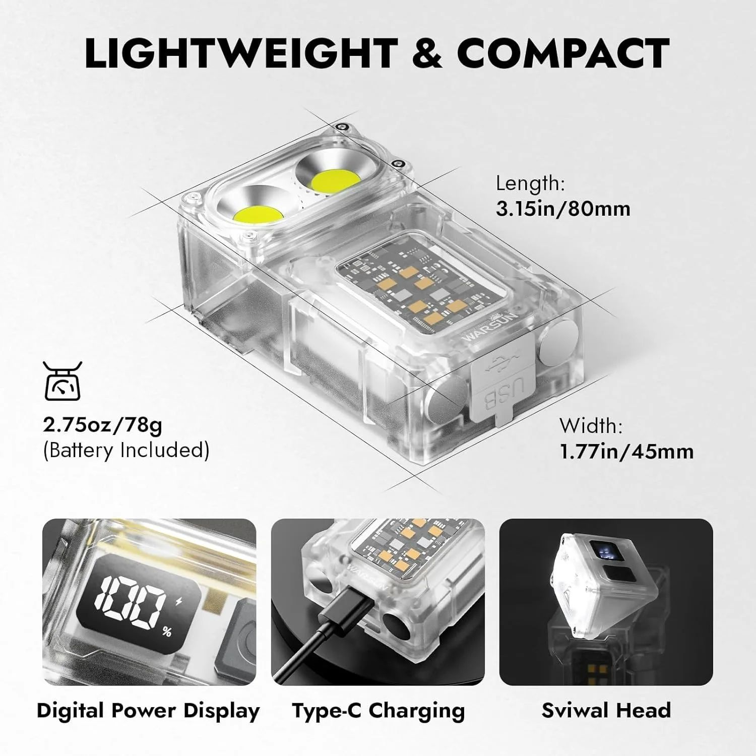 워선 DC08 LED 작업등 충전식 800Lm 180 ° 회전 가능한 자석 베이스 IPX5 방수 휴대용 다기능 램프