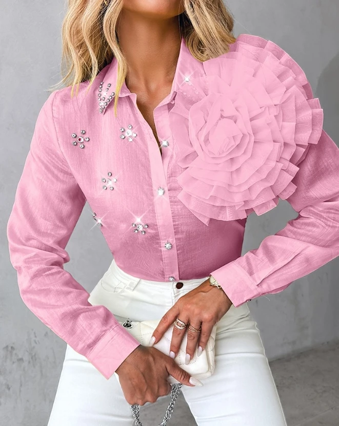 

Women Shirts and Blouses Rose Detail Rhinestone Feminine Floral Pearls Top Long Sleeve Casual Turn-Down Collar Women Blouses