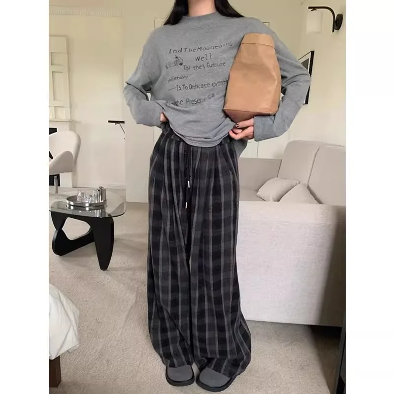 Deeptown Woolen Vintage Plaid Pants Women Winter Harajuku Oversized Wide Leg Korean Fashion Thick Check Trousers Streetwear New harajuku girl cow print black and white check overalls overalls casual street hip hop trousers baggy pants female fun suspenders