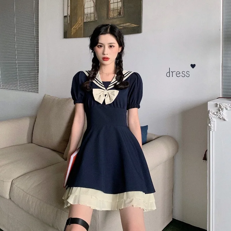 Harajuku Sailor Collar Navy Dress Japanese Lolita Sweet Dresses Girl Retro Cotton Kawaii Preppy Style Temperament JK Uniform