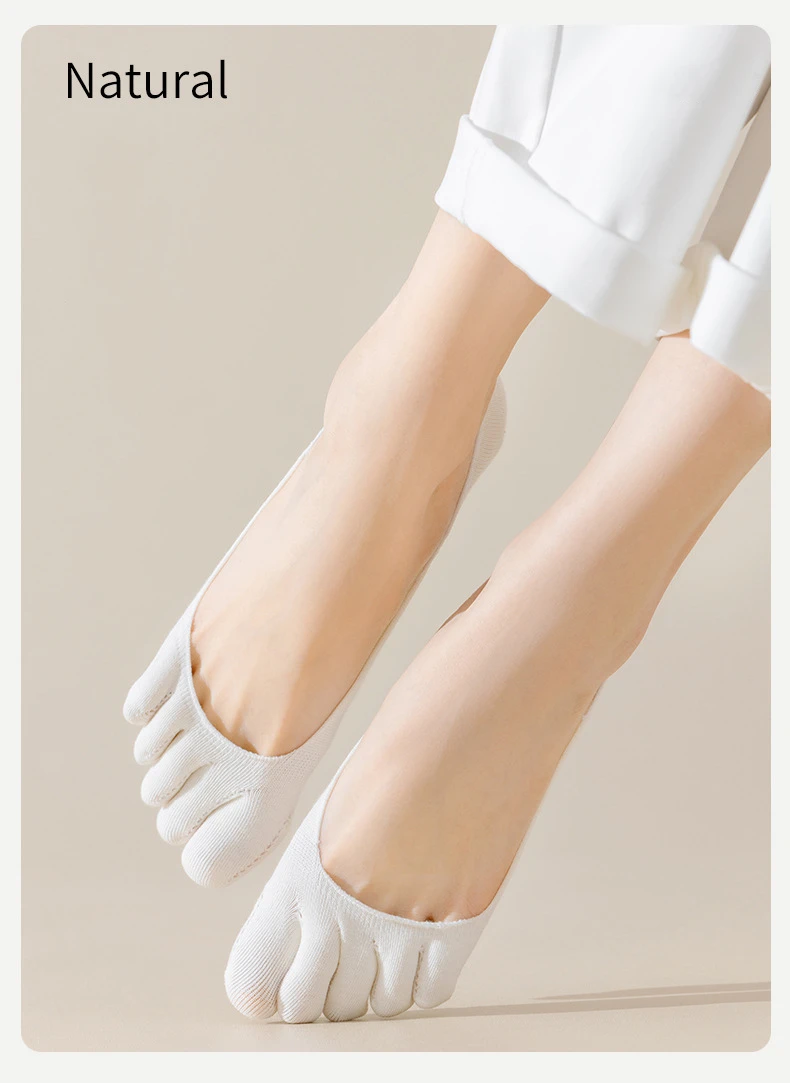 5 Paar Sommer-Zehensocken für Damen und Mädchen, unsichtbare Baumwolle, solide, flacher Mund, dünn, atmungsaktiv, Deodorant, No Show 5-Finger-Socken – Detail 1