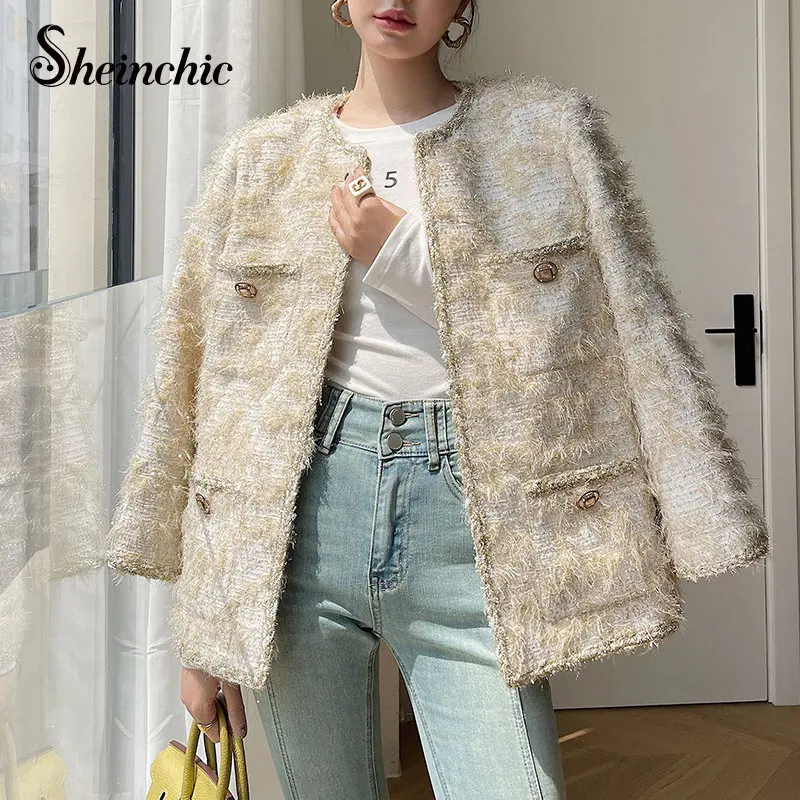 

Beige Wool Blend Jacket for Women 2023 Autumn Winter Elegant Tassel Oversized Chaquetas Para Mujeres Korean Jaqueta Feminina