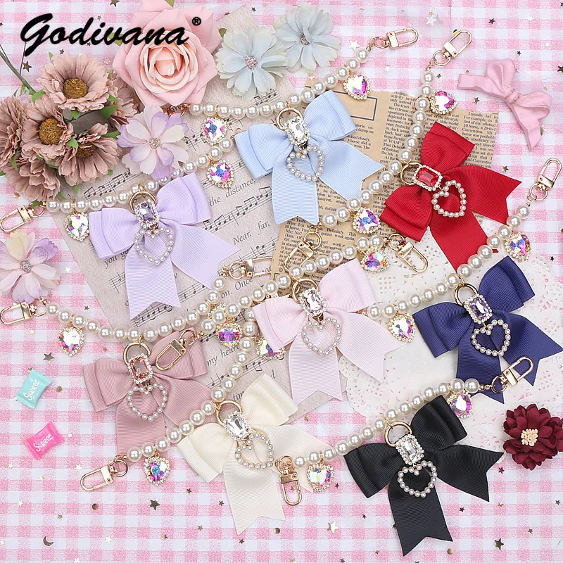 Handmade Japanese Style Girl Sweet Cute Bow Rhinestone Stringed Pearls Handbag Pendant Lolita Bag Charms Keyrings Accessories