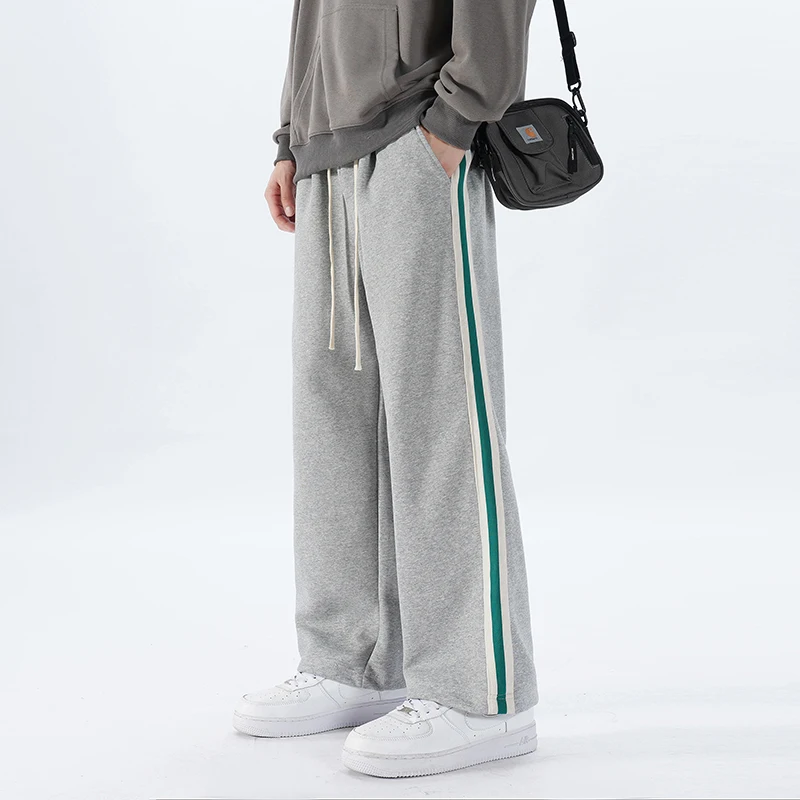 Men's Spring Autumn Drawstring Striped Pocket Solid Elastic and High Waisted Casual Loose Sports Straight Leg Trousers Pants