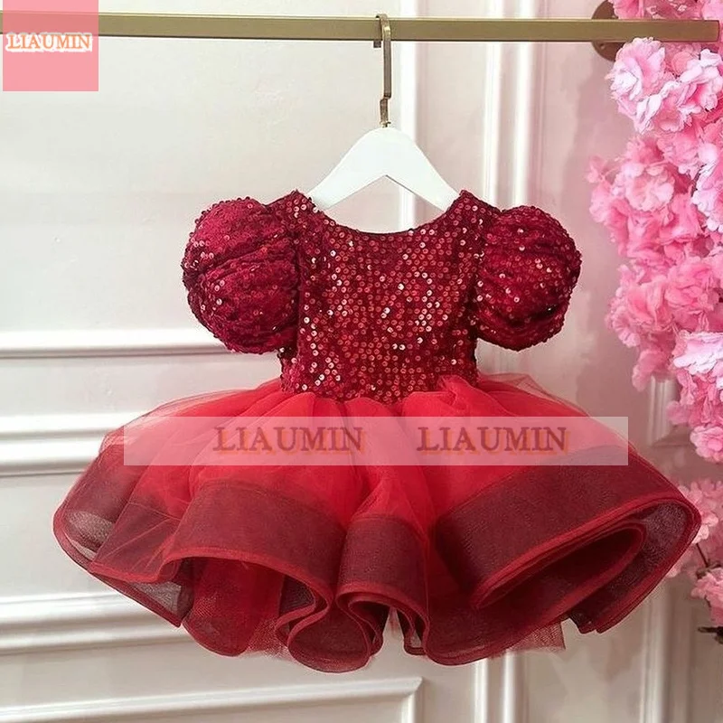 

Flower Girl Dresses for Weddings Tulle Princess Sequins Short Puff Sleeve Holy First Communion Gowns Party Pageant Clothes Kids