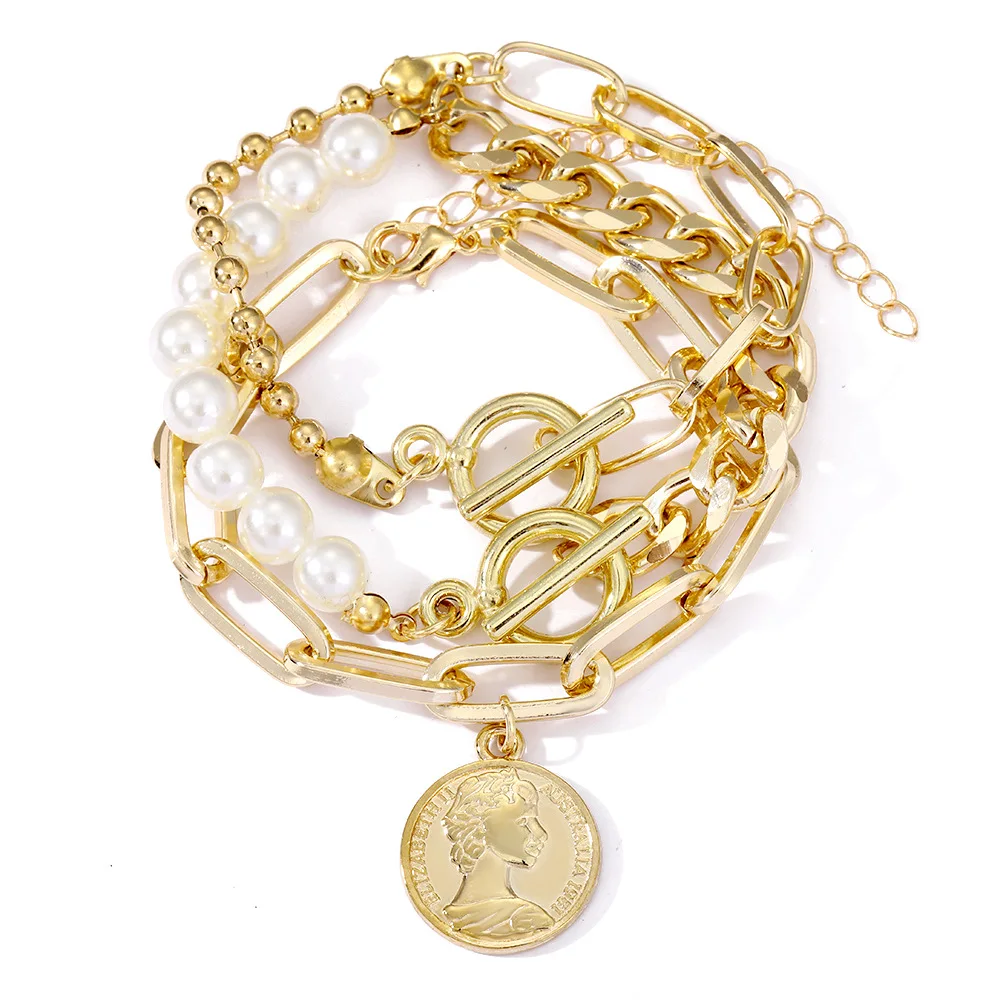 Boho Fashion Bracelets For Women Vintage Geometric Pearl Human Head Coin Pendant Jewelry Gift For Female