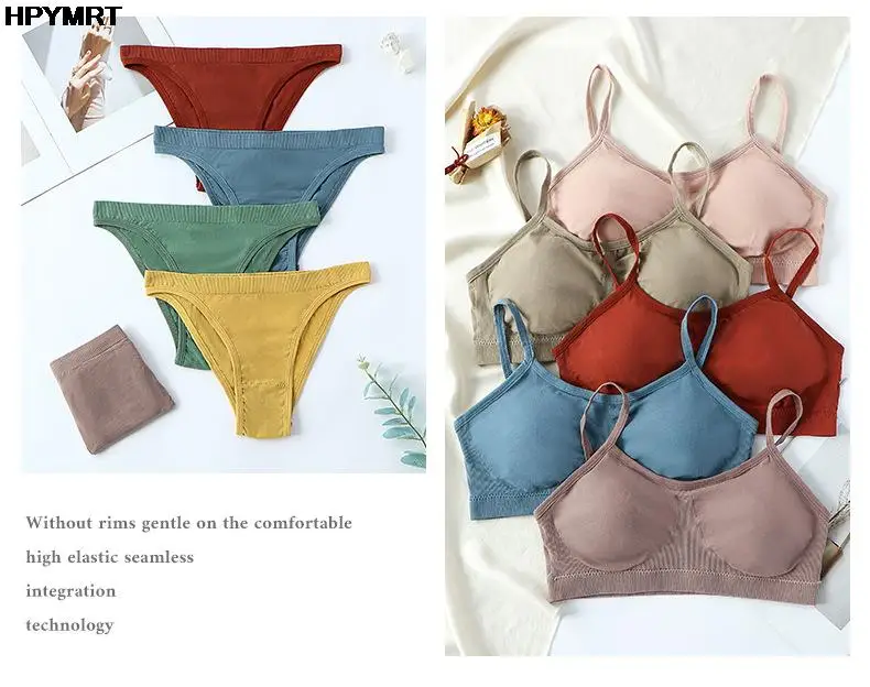 New Sexy Women Wireless Lingerie Set Seamless Tops Set Low-waist Panties Wire Free Bra Bralette Lingerie Solid Cotton Underwear