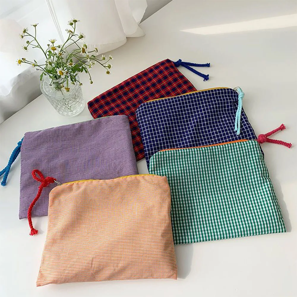 Korean Style Plaid Zipper Pencil Case Portable Office Desk Organizer Large Capacity Stationery Storage Pouch School Supplies