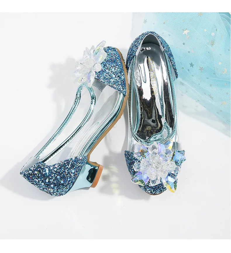Fantasia Princess Shoes for Girls leather Sandal Summer Children's Shiny Snow Queen Fairy Party High Heels Leather Crystal Shoes 3