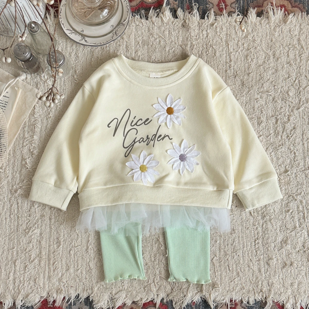 Baby Girl Floral Embroidered Lace Hem Sweatshirt and Elastic Pants Outfit