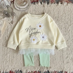 Baby Girl Floral Embroidered Lace Hem Sweatshirt and Elastic Pants Outfit - 2 - 3Y (Yellow)