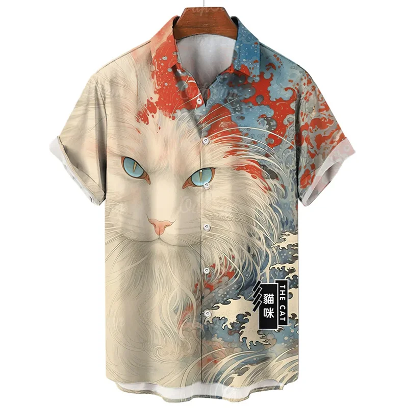 Fashion 3D Cartoon Cat Printing Men's Shirt Summer Casual Lapel Short Sleeve Blouse  Clothing Loose Cardigan Tops Chinese Style