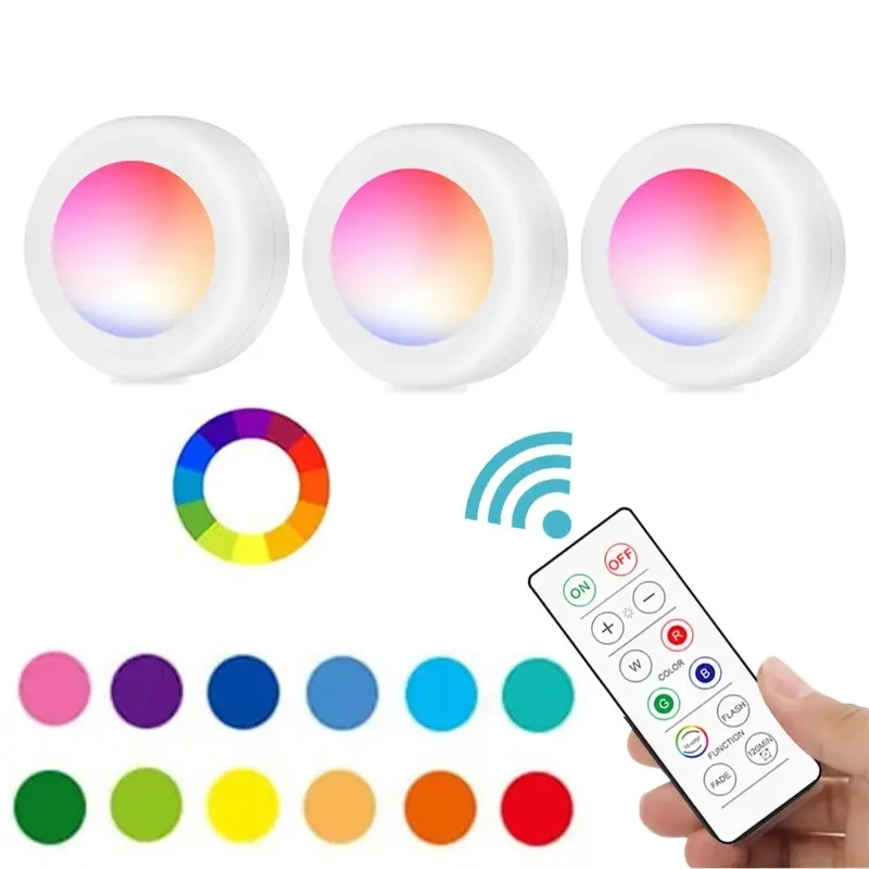 LED Light Under Cabinet Lighting with Remote Control RGB Color Changing LED Puck Light Kitchen Closet For Wardrobe Home