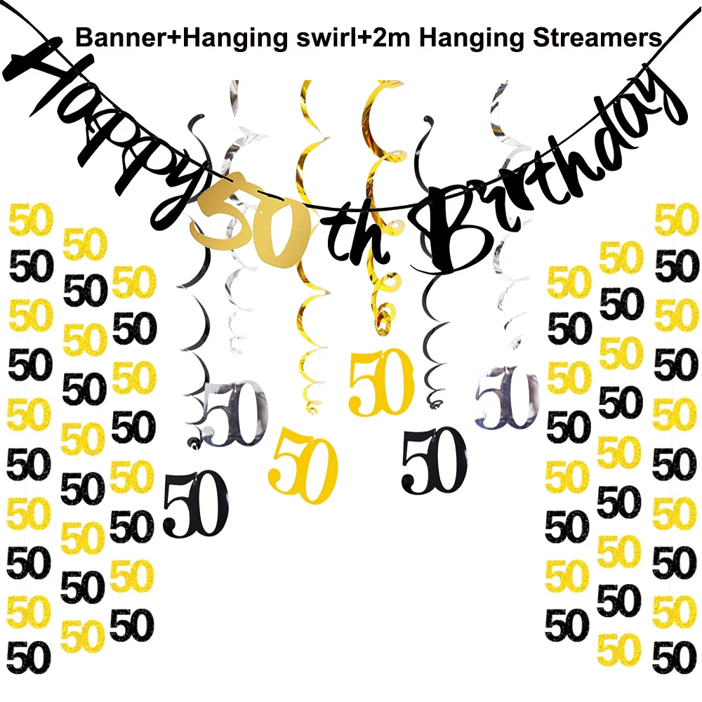 Elegant Black and Gold Paper Streamer Birthday and Anniversary Banner