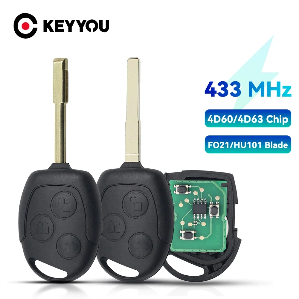 KEYYOU Fernbedienung Autoschlüssel 433 MHz 4D60 Chip für FORD Focus Fiesta Mondeo Fusion Transit KA 2001 2002 2004 2005 2006 2007 2008