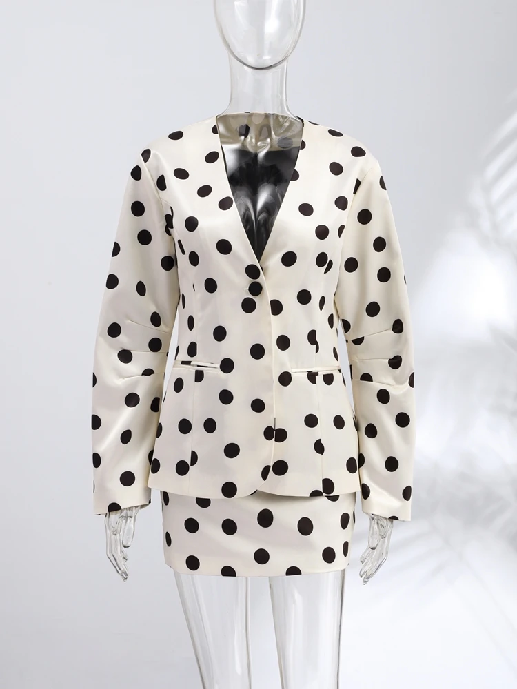 Gepunktete Taillenbetonte Bomberjacke mit Rock-Set für Damen, Elegante V-Ausschnitt Slim-Fit Mäntel, Hochgeschnittene Hüftbetonte Miniröcke, Neues Outfit – Detail 4