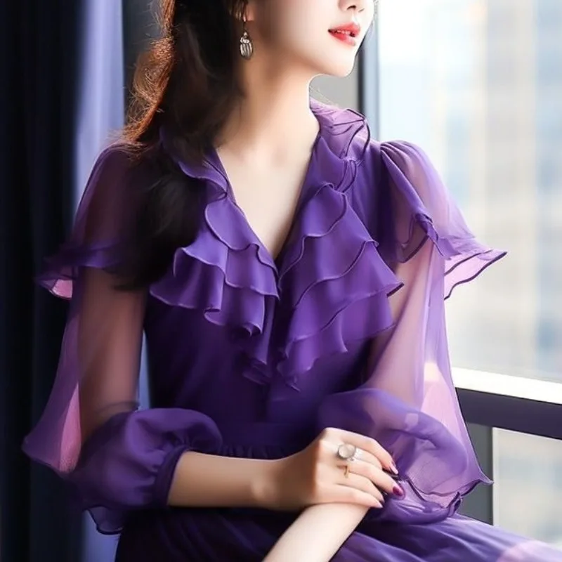 Women's Solid Color Elegant V-neck Spring Summer New 2024 Shimmery Ruffles Gauze 3/4 Sleeves Slim Versatile Chiffon Shirts Tops