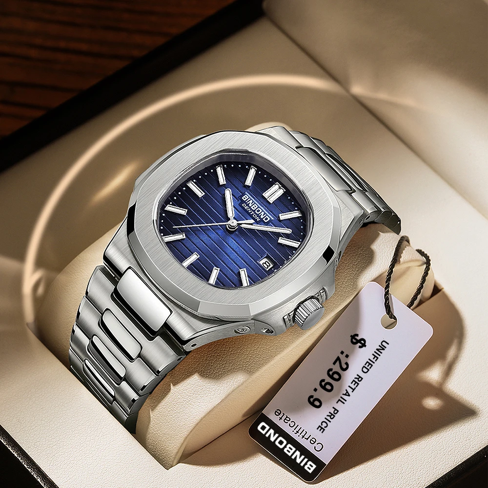 BINBOND Luxury Watch Business Waterproof Male Clock Luminous Date Stainless Steel Square Quartz Men Watch 2023 New reloj hombre