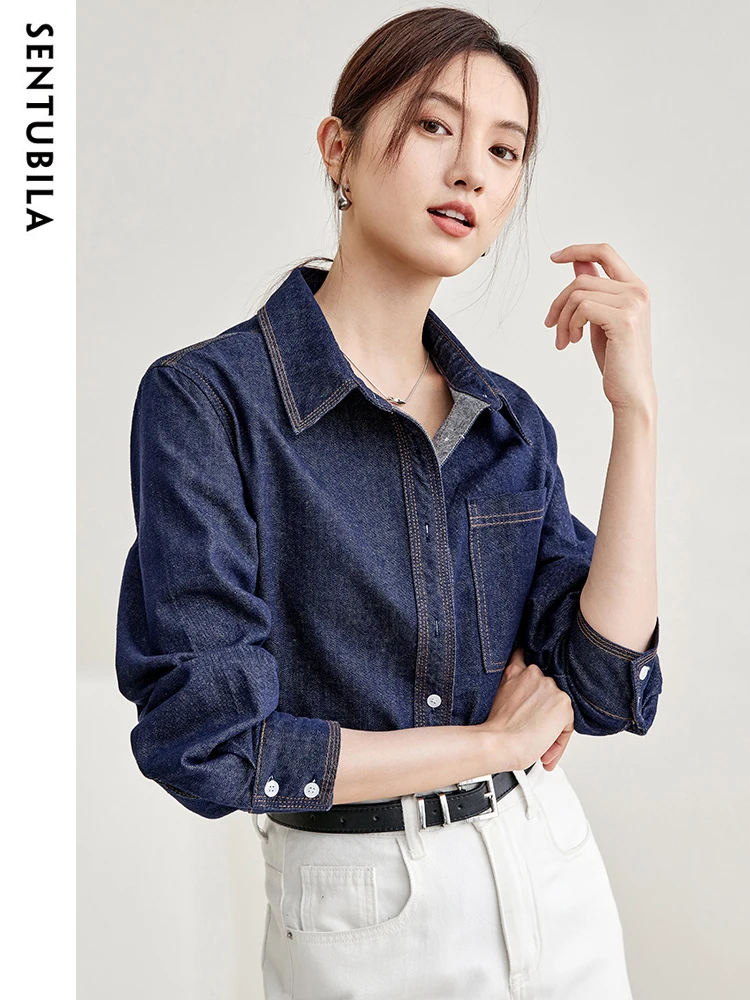 

Sentubila Vintage Washed Denim Shirt for Women 2023 Autumn New Temperament Long Sleeve Tops Casual Button Up Shirt Jean Jackets