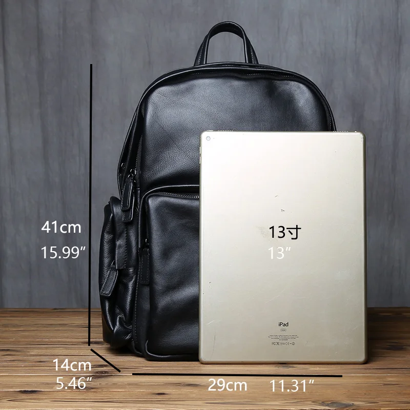 NZPJ Leather Men's Backpack Natural Cowhide Schoolbag Casual Travel Bag Black Fashion Computer Bag Capacity 16 Inch Laptop