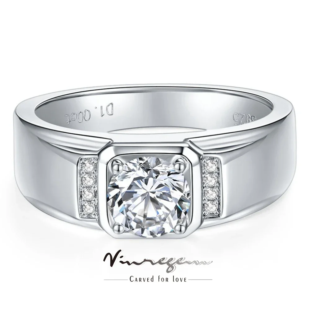 

Vinregem 6.5 MM 1CT VVS1 3EX D Color Real Moissanite Diamonds Gems 925 Sterling Silver Ring for Men Women Engagement Jewelry GRA
