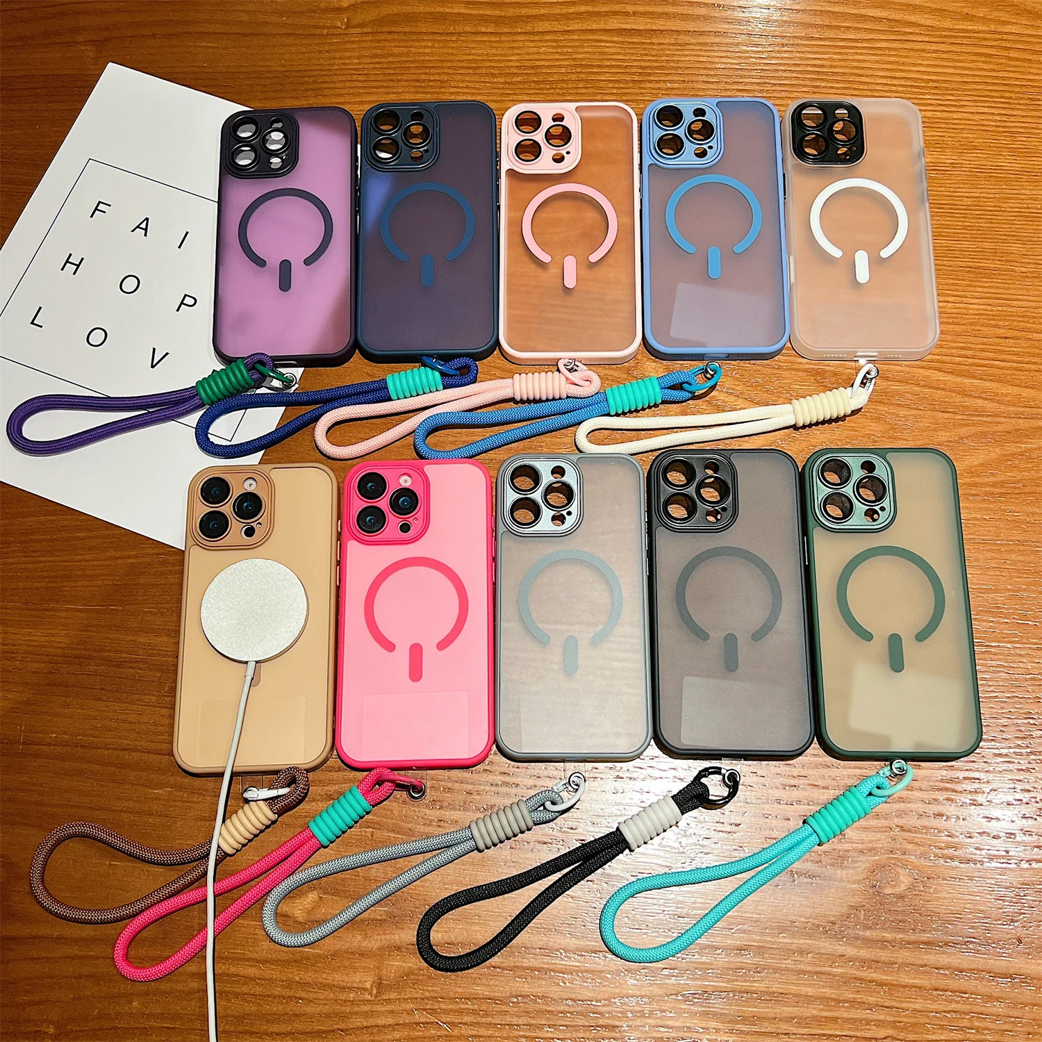 Magnetic Lanyard Wrist Strap Case with Shockproof Matte Bumper Cover and Clear Magsafe Design