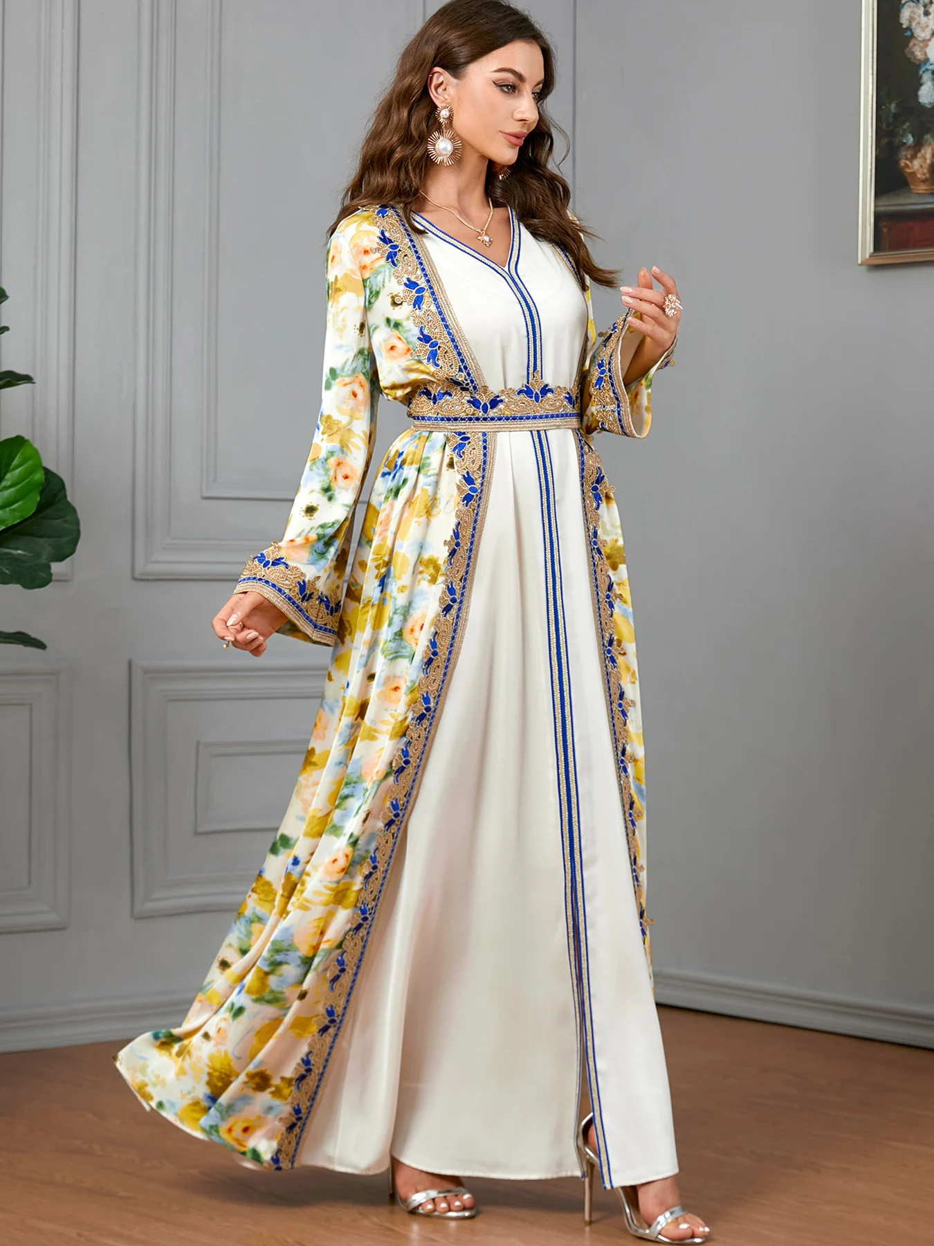 

Elegant Abaya for Women Muslin Dress Caftan 2 Piece Set Maxi A-line Print Party Dress Kimono Saudi Arabic Dubai Kaftan Islamic