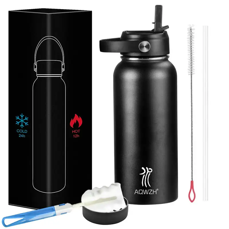 

oz Black Double Walled Vacuum Insulated Stainless Steel Water Bottle with Wide Mouth and Straw Lid Tumbler with straw Water bott