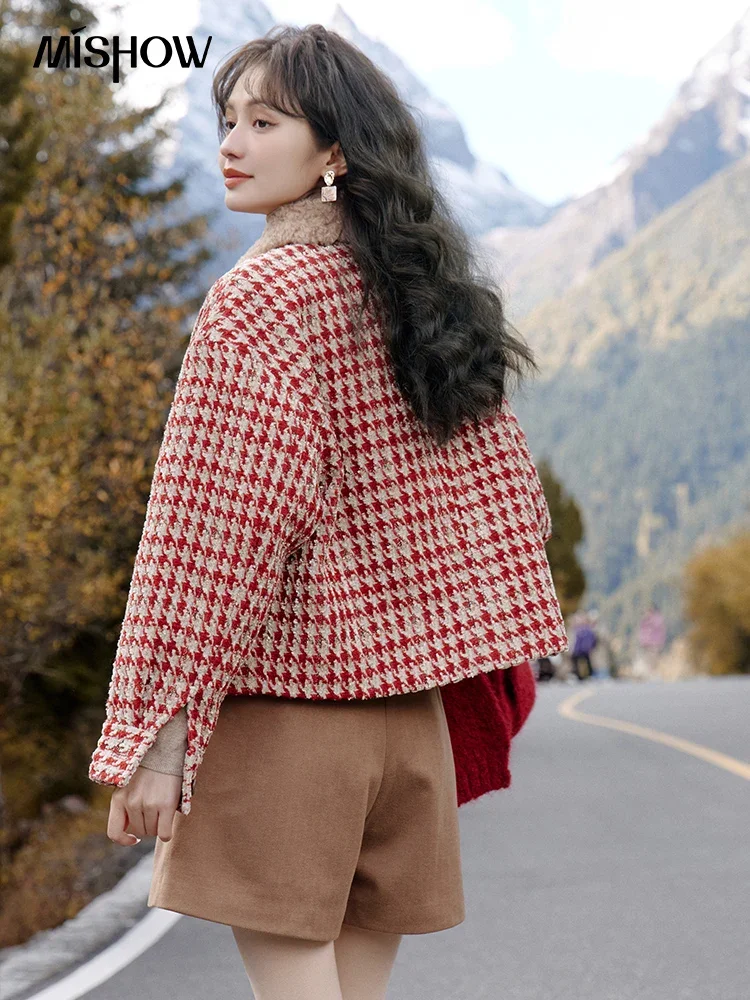 MISHOW Houndstooth Tweed Crop Jacket for Women 2023 Winter