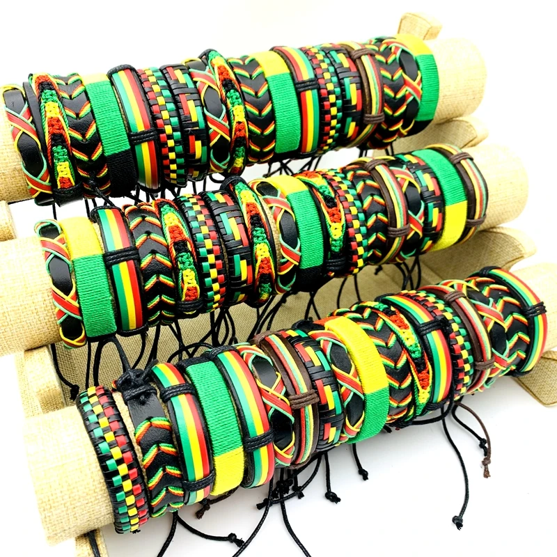 Wholesale 30/50/100pcs Handmade Leather Bracelets Bob Marley Rasta Jamaica Fashion Cuff Jewelry Party Gift Mix Red/Yellow/Green 2