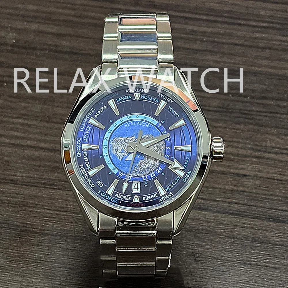 41mm Stainless Steel Watch Worldtimer 6 O'Clock Calendar Glass Back Nh35 Automatic Movement New 150