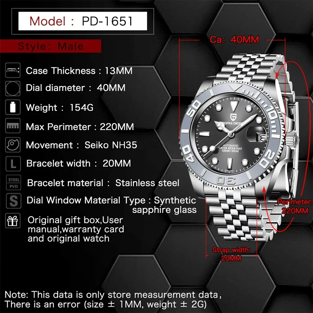 PAGANI DESIGN PD-1651 Luxury Men's Mechanical Watch 10Bar Sapphire Glass 40mm Men's Automatic Watches 100M Waterproof Clock