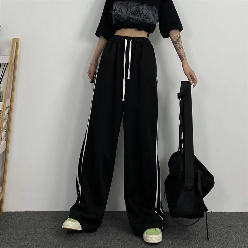 QWEEK Baggy Jogger Black Sweatpants Sports Korean Fashion Striped Women's Pants Jogging Casual Wide Leg Trousers Summer Thin