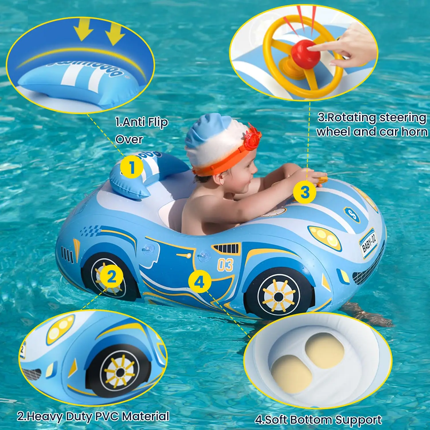 Kid Car Swimming Seat Float Ring Inflatable Infant Floating for Summer Swim Boat Circle Bathing Pool Water Toy with Canopy 3