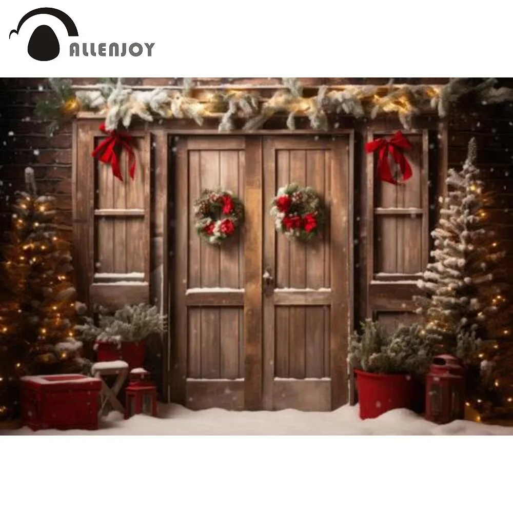 

Allenjoy Christmas Wooden Doors Backdrop Xmas Trees Snow Photo Booth Background