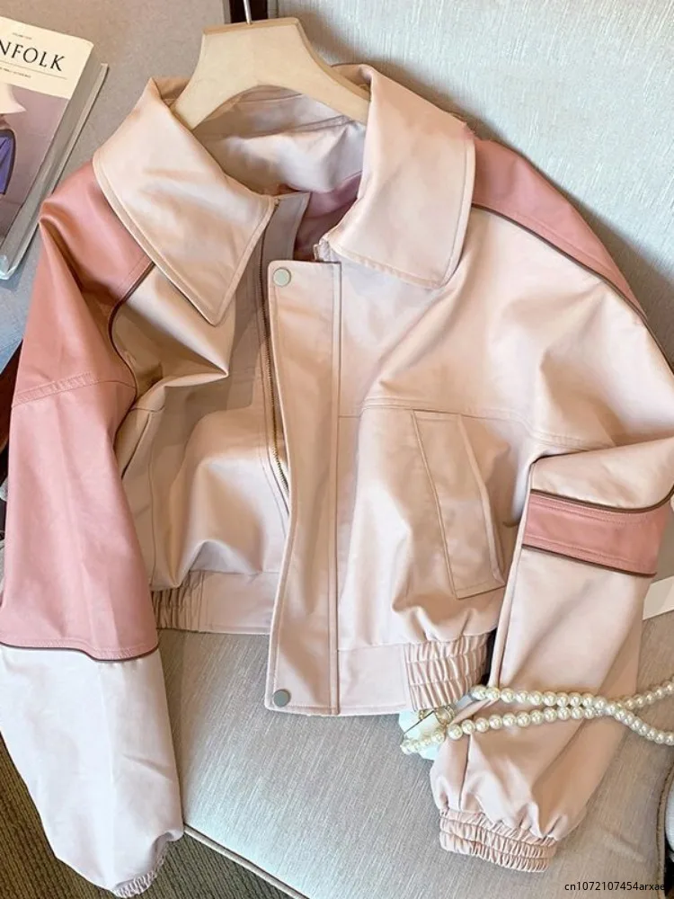 

2023 Pink Zip Up Cropped Jackets for Women Streetwear Sweet PU Leather Jacket 90s Vintage Varsity Jackets Harajuku Coats