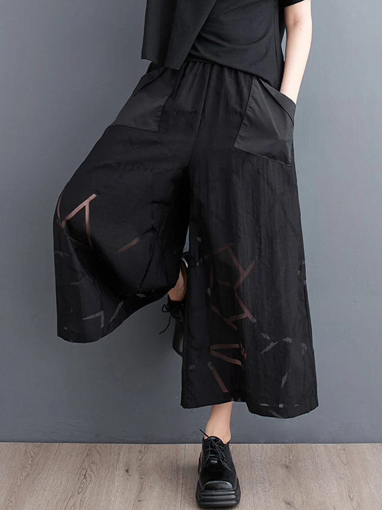 Black Vintage High Waist Wide Leg Pants Women Fashion Hollow Out Pocket Loose Casual Ladies Trousers Streetwear New Summer 2025
