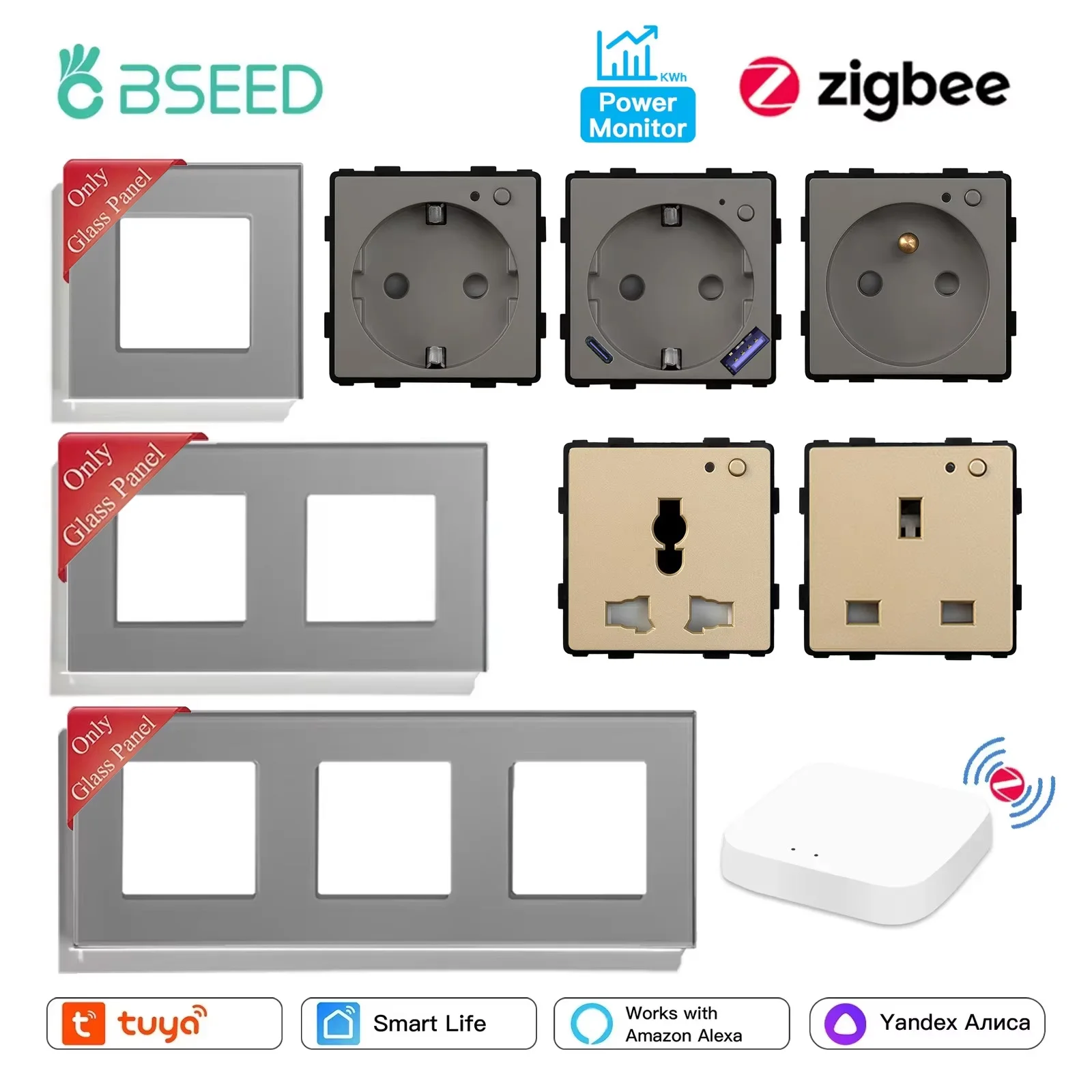 BSEED Smart ZigBee Stopcontact, ZigBee Slim Stopcontact Alexa, Werkt Met Alexa En Google Home, 2 Voudig Slim Stopcontact Met Glasplaat Goud (Tuya ZigBee Hub Vereist BSEED Smart ZigBee Stopcontact, ZigBee Slim Stopcontact Alexa, Werkt Met Alexa En Google Home, 2 Voudig Slim Stopcontact Met Glasplaat Goud (Tuya ZigBee Hub Vereist
