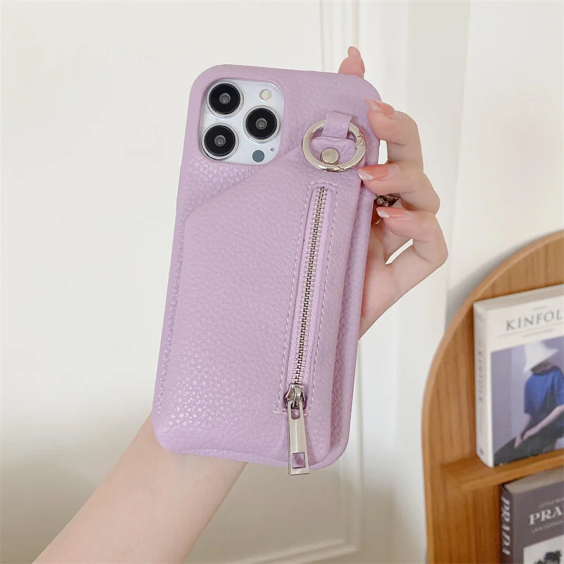 Lychee PU Leather Wallet Cover with Zipper and Stand