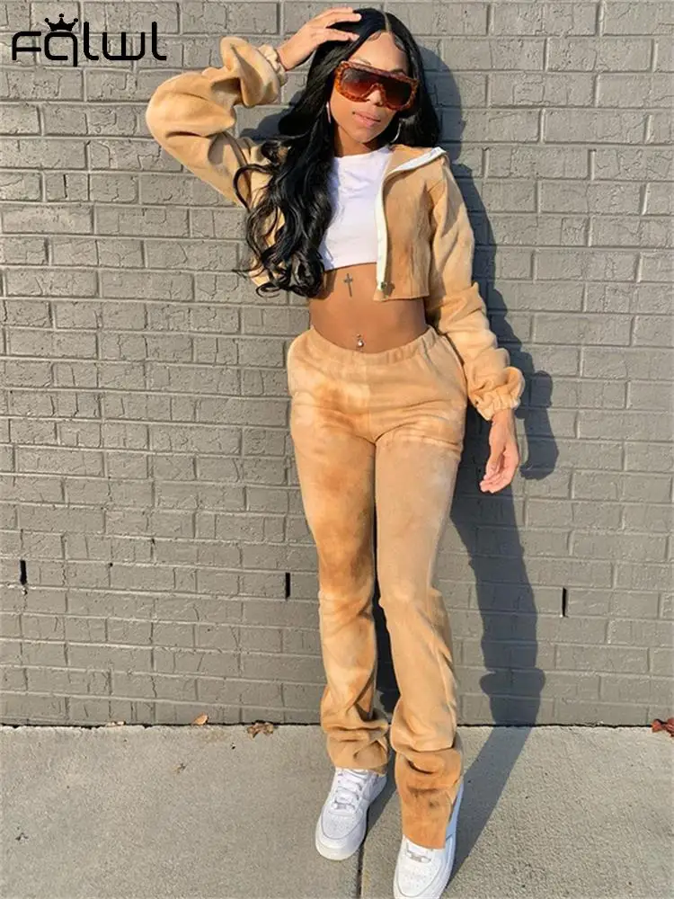 

Habbris Yellow Zipper Cropped Hoodies Pant Set Casual Looes For Women 2023 Fall Winter High Waist Fashion 2 Two Piece Pant Set