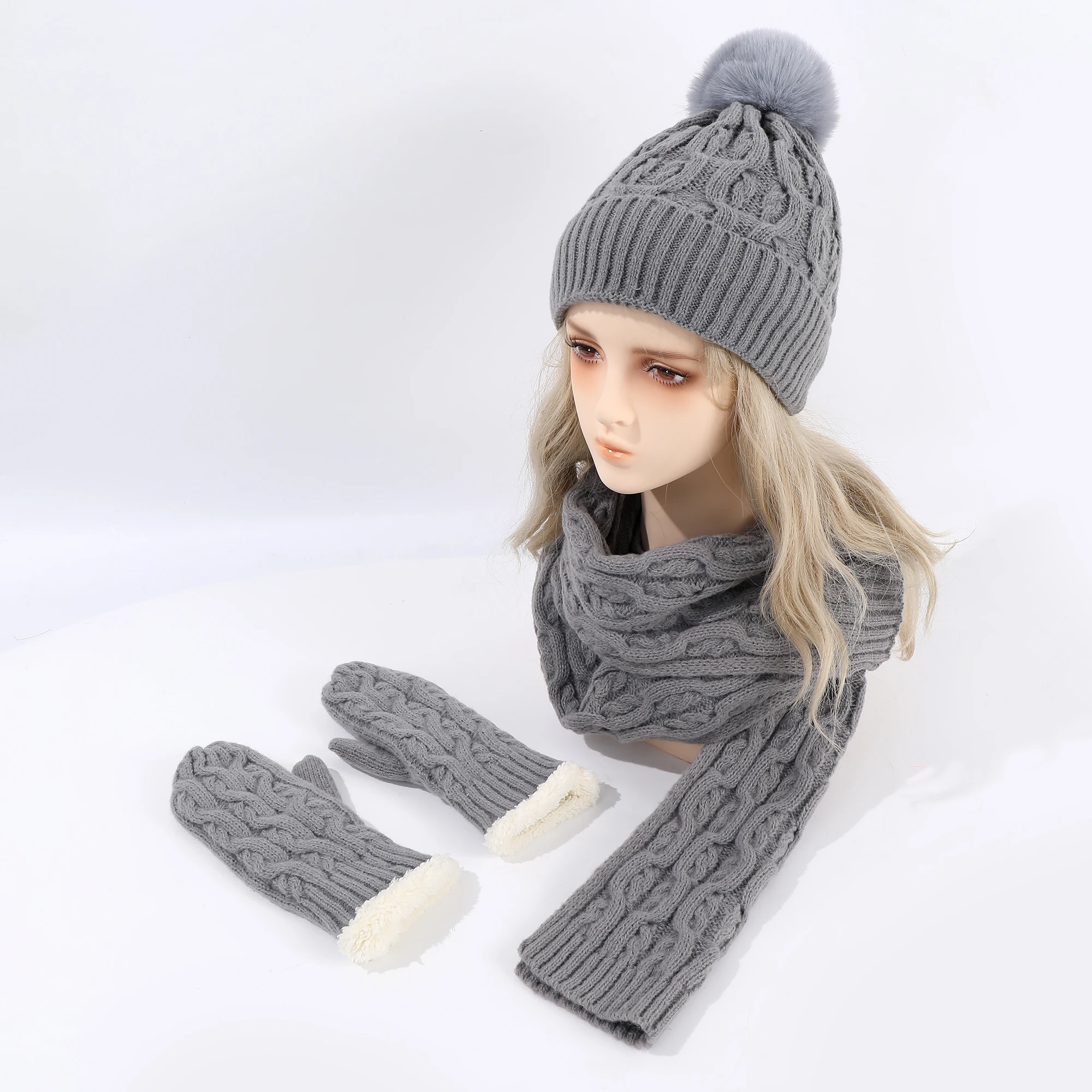 Women Solid Wool Fabric 3pc Gloves Scarf Hat Knitted Suit Striped Geometric Pattern Soft Coldproof Warm Thick Autumn Winter Gift