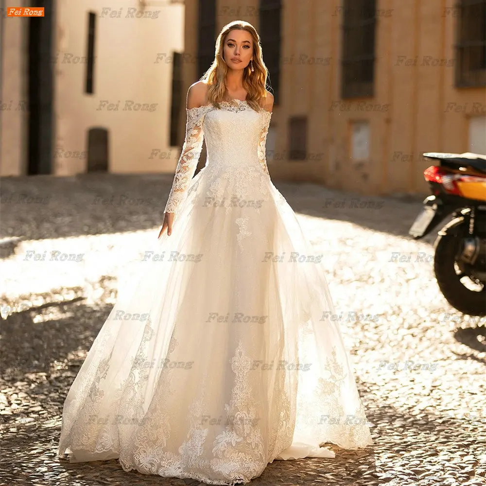 Glamorous Off Shoulder Wedding Dress Vestidos de Novia 2022 Spring Lace Appliques Bride Gowns Long Sleeves Buttons Robe Mariage |