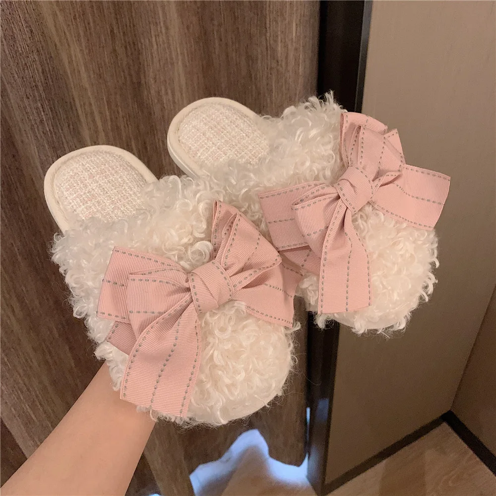 

ASIFN 2023 Cute Girl Heart INS Wind Cotton Drag Girl Indoor Flat Bottom Household Warm Autumn and Winter Bow Knot Plush Slippers