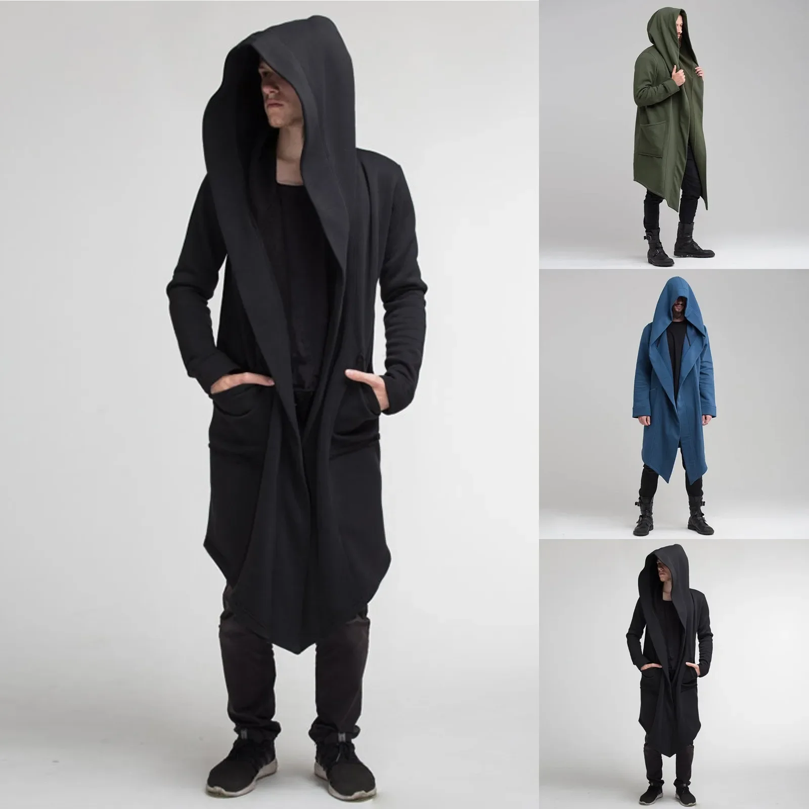 

Punk Men Long Cardigan Sweatshirt Hooded Cape Long Hooded Jacket European Windbreaker Autumn And Winter Jackets Male Trench Coat